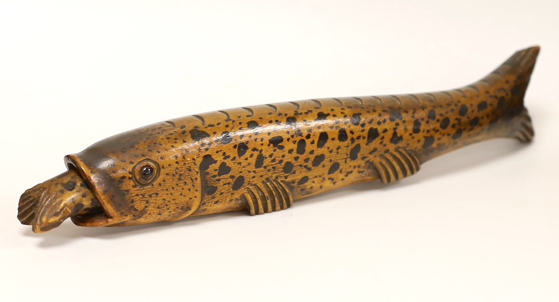 A 19th century treen flask with stopper, modelled as a rainbow trout, 26.5cm.